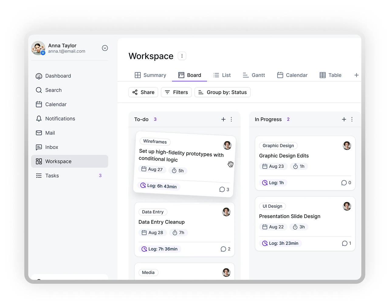 Plumto CRM dashboard showing a Kanban-style sales pipeline with deal stages